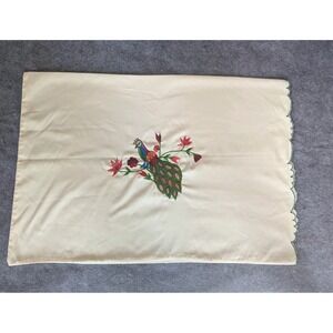 Pillow Sham Case Peacock Embroidered Ivory Scalloped Open  Edge 18.5x27
